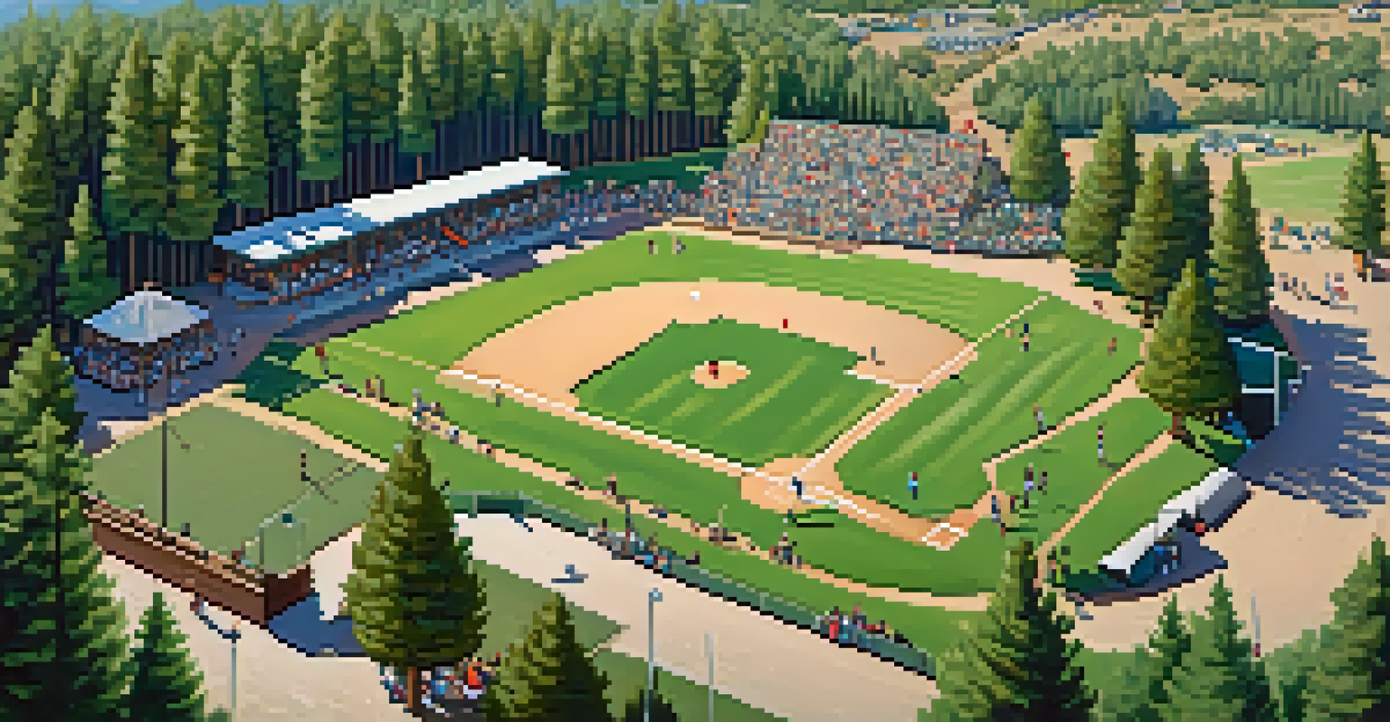 An aerial view of a local park in Big Bear with families enjoying a summer baseball game surrounded by trees and mountains.