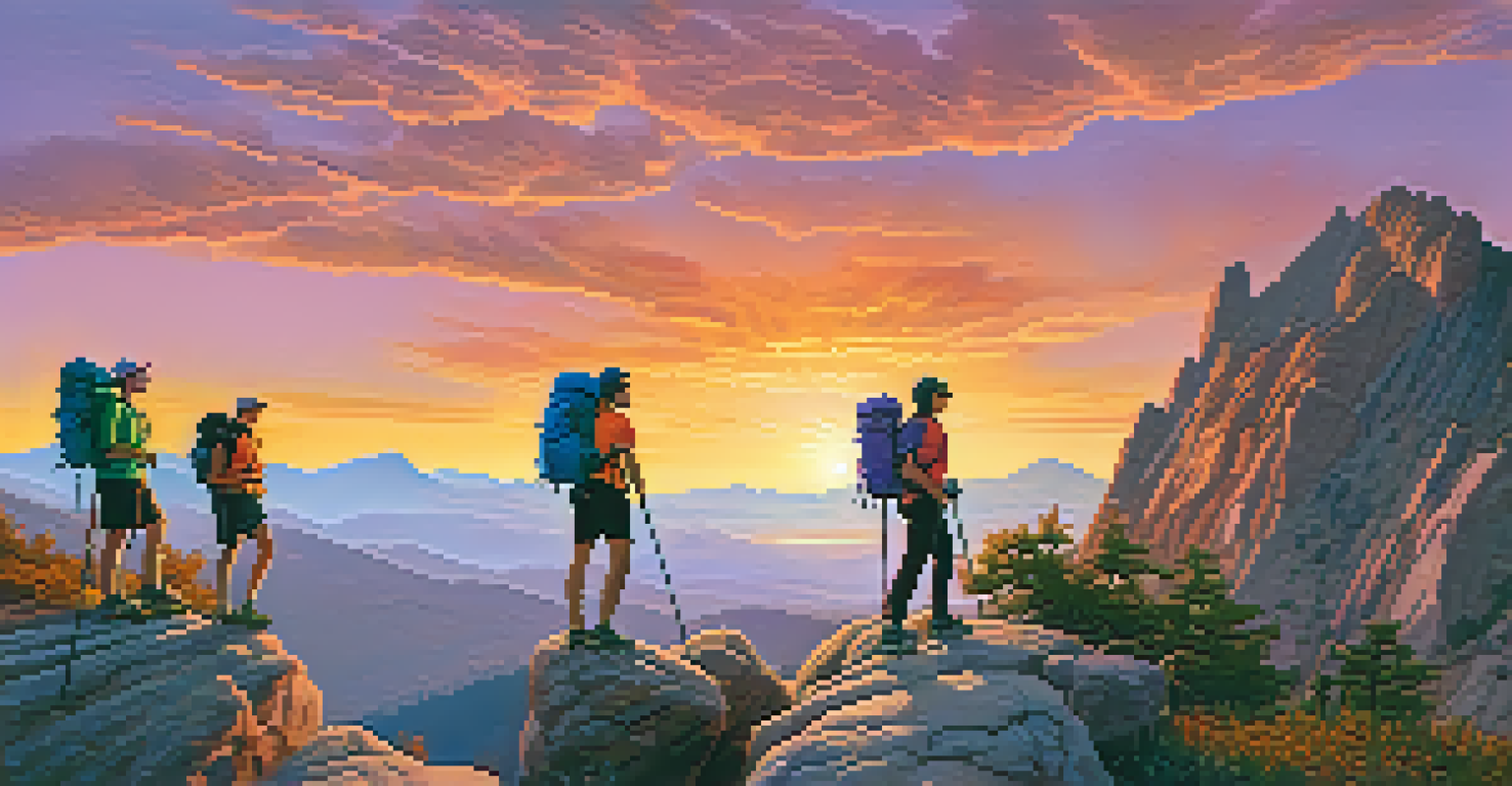 A group of hikers at sunrise on Castle Rock Trail, with a colorful sky and mountains in the background, embodying adventure.