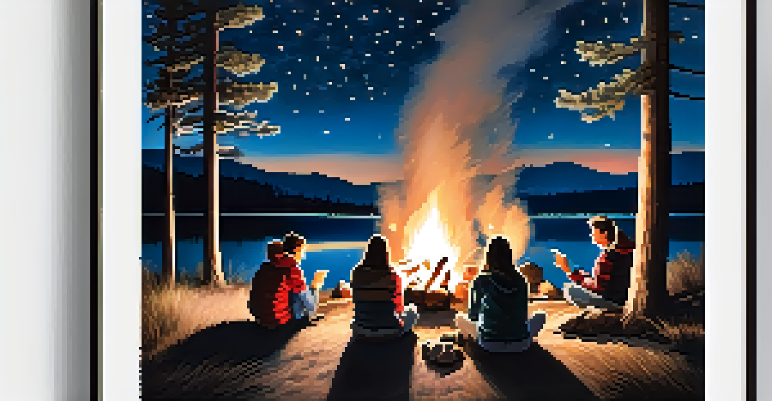 A family gathered around a campfire under a starry sky at Big Bear Lake, roasting marshmallows and sharing stories.