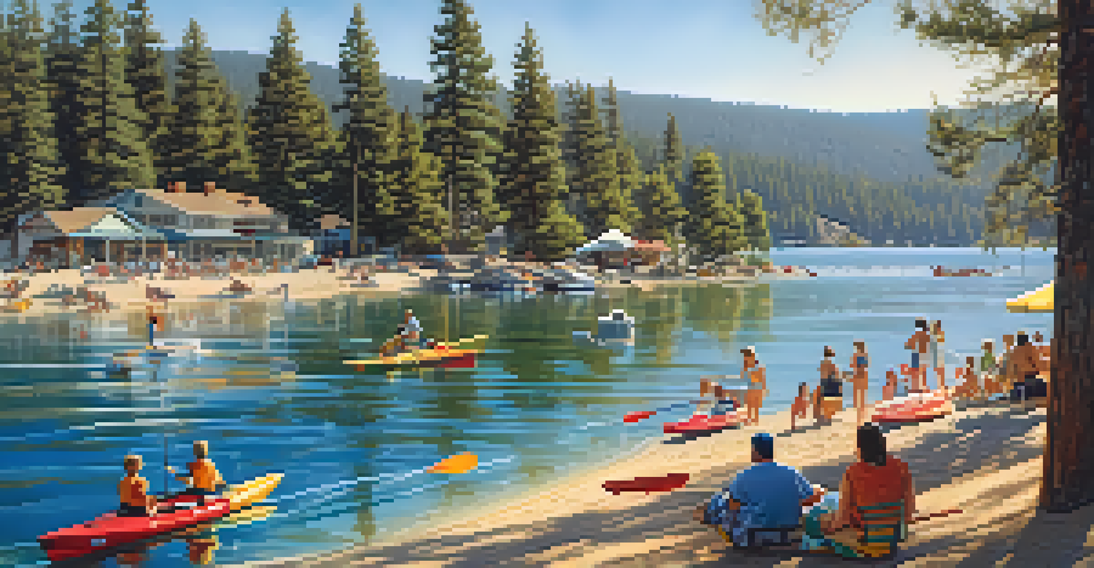 A summer scene at Big Bear Lake with families engaging in water sports and picnicking on the shore.