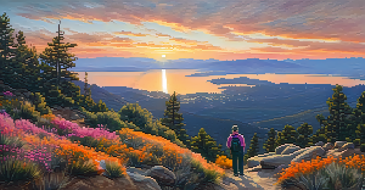 A hiker at the viewpoint of Skyline Trail overlooking Big Bear Lake during sunset.