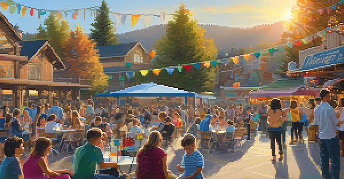 Families enjoying a lively outdoor concert at The Village at Big Bear Lake, with children dancing and parents relaxing.