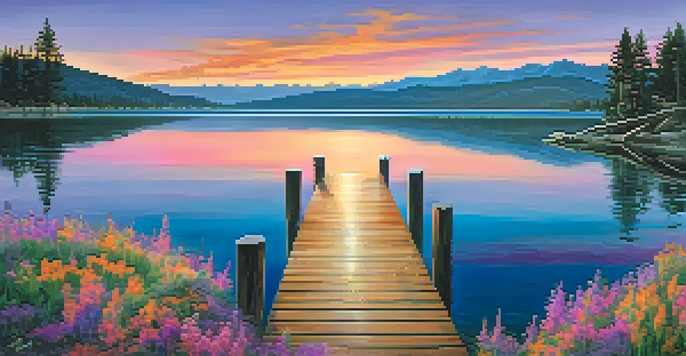 A scenic sunset over Big Bear Lake with vibrant colors reflecting on the water, a wooden dock, and surrounding pine trees.