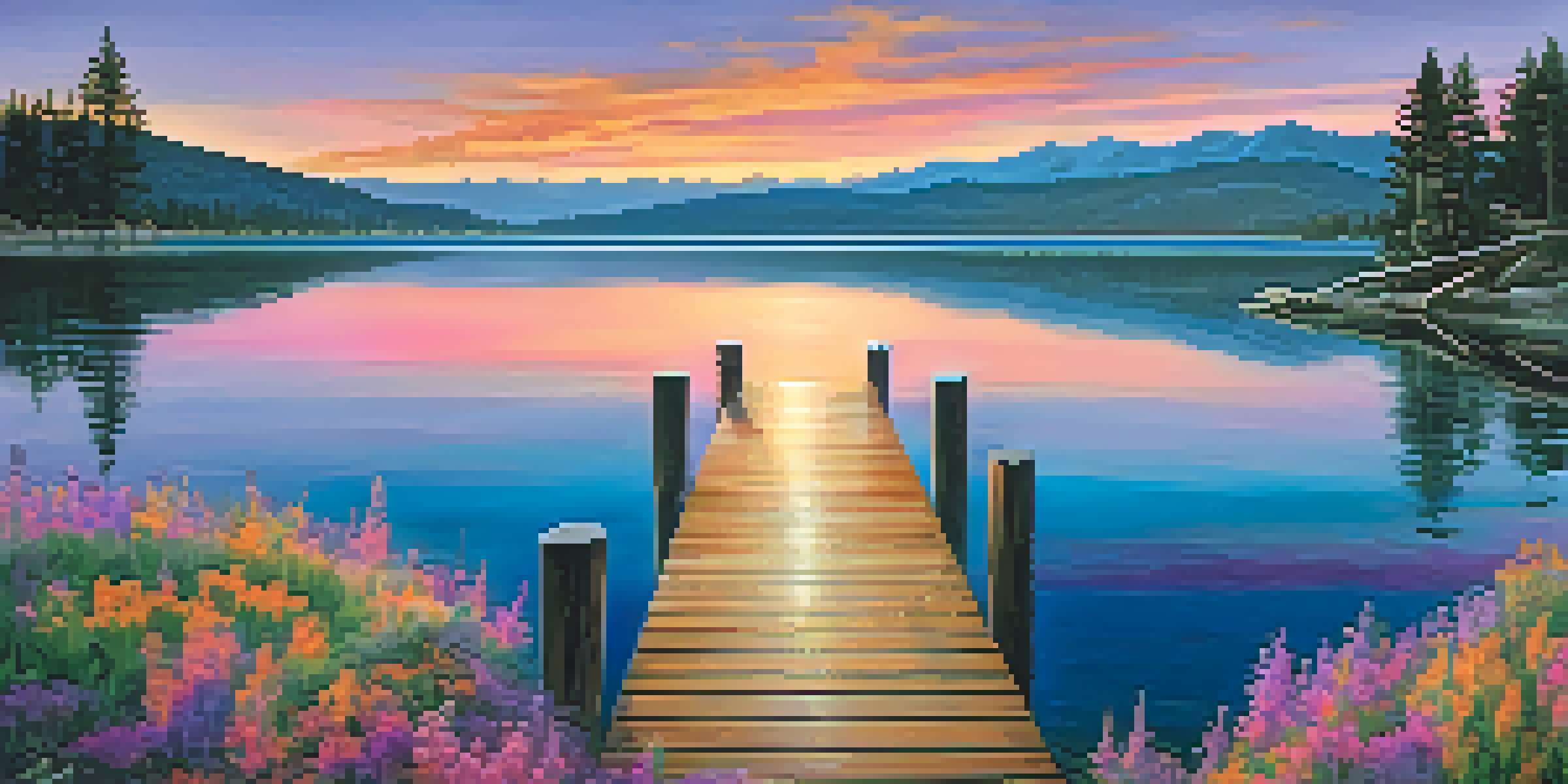A scenic sunset over Big Bear Lake with vibrant colors reflecting on the water, a wooden dock, and surrounding pine trees.