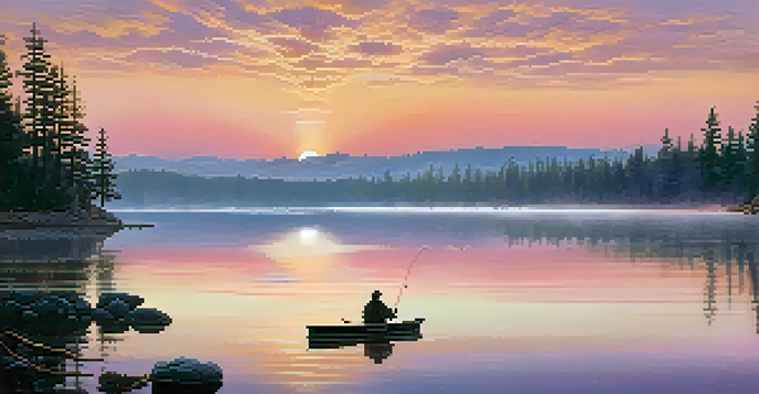 A peaceful sunrise over Big Bear Lake with a fisherman casting a line, surrounded by mist and trees.