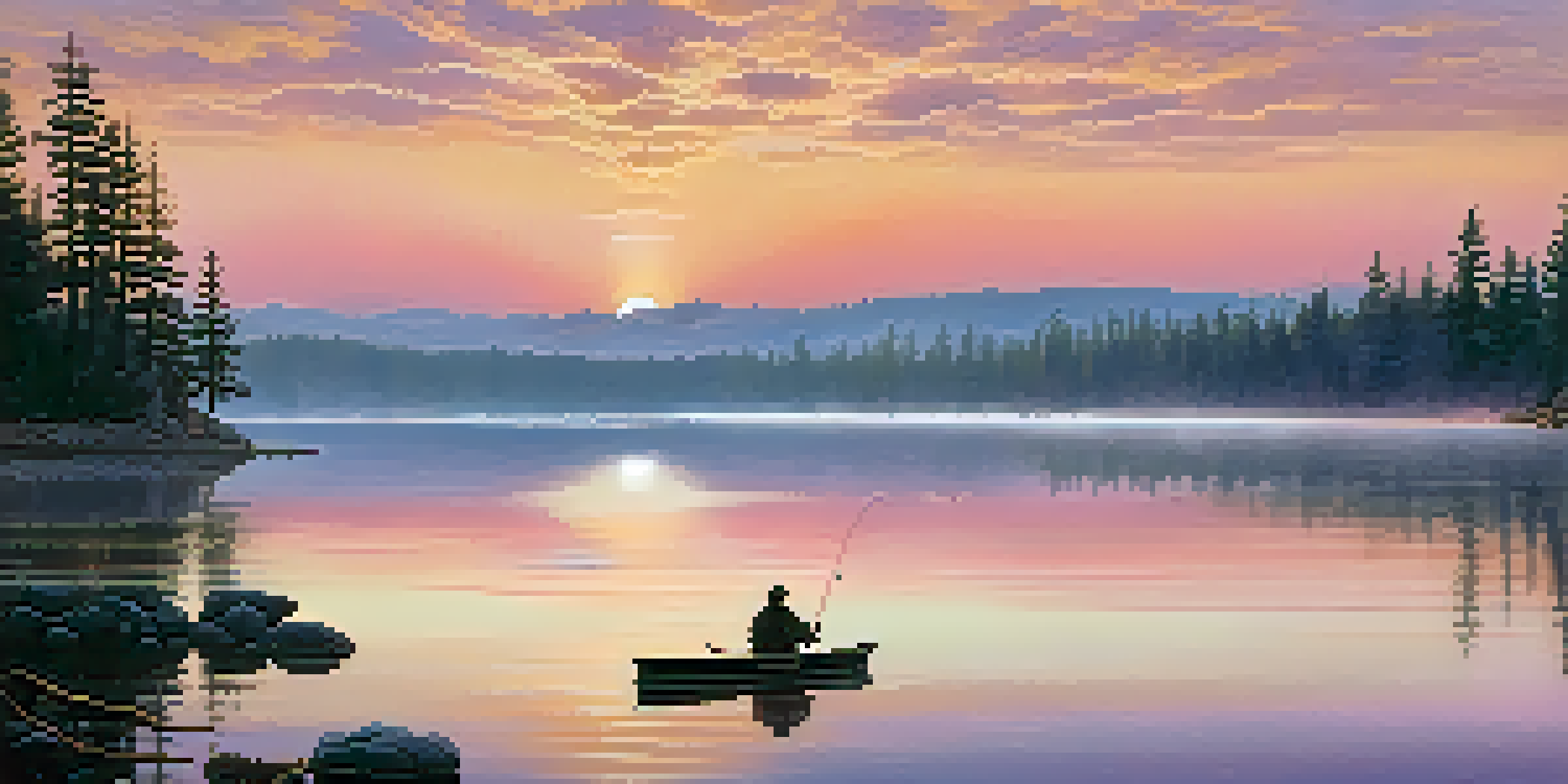 A peaceful sunrise over Big Bear Lake with a fisherman casting a line, surrounded by mist and trees.