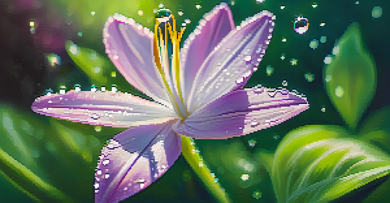 A close-up of a shooting star flower with dew droplets, surrounded by green leaves, illuminated by soft sunlight.