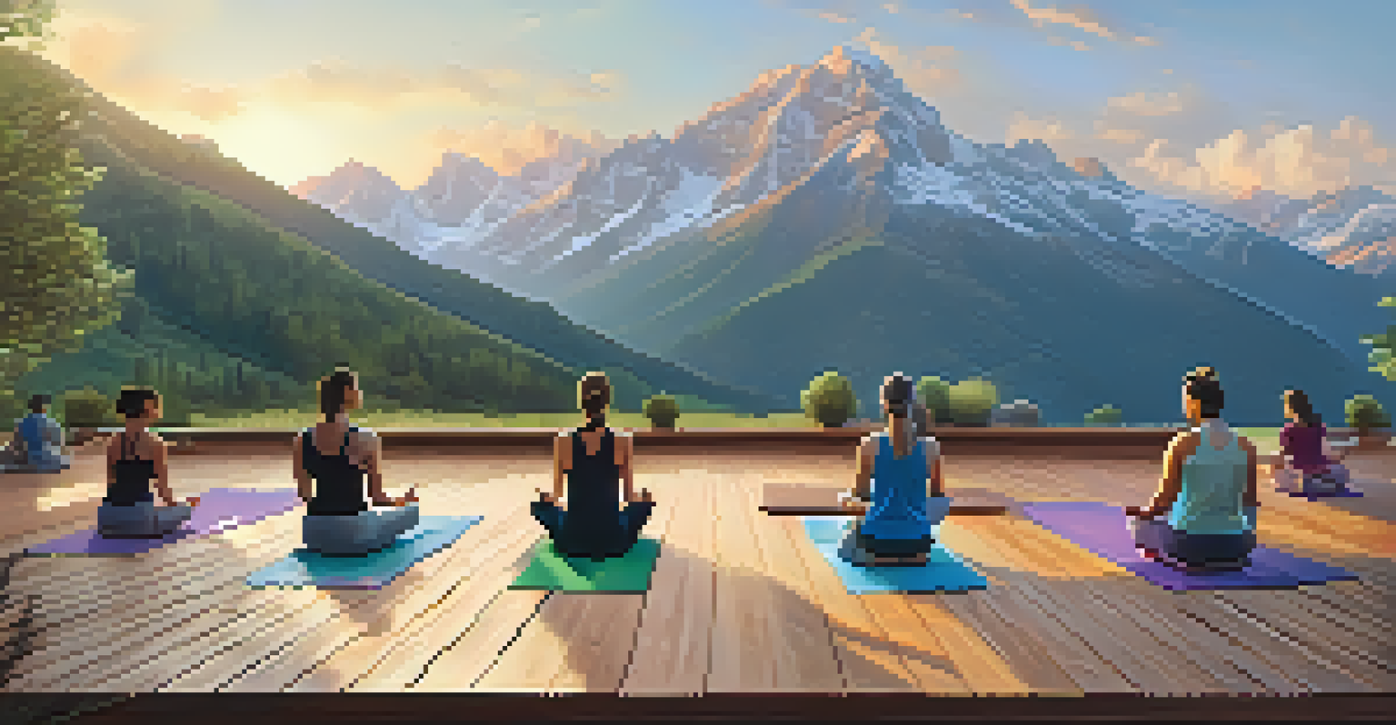 Individuals practicing yoga on a deck with mountain views, creating a serene and peaceful environment.