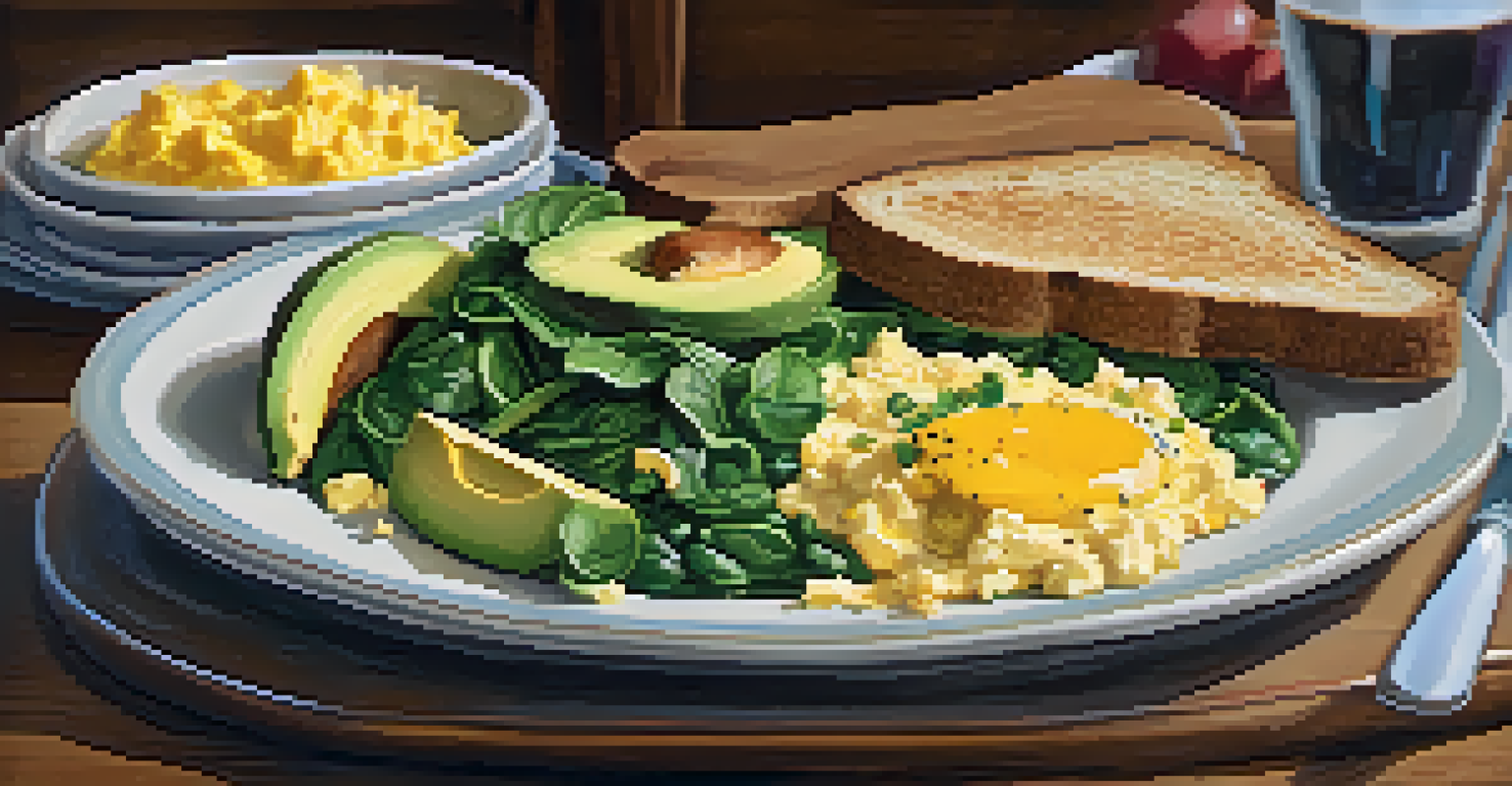 A breakfast bowl with eggs, spinach, and avocado alongside whole grain toast in a cozy cafe.