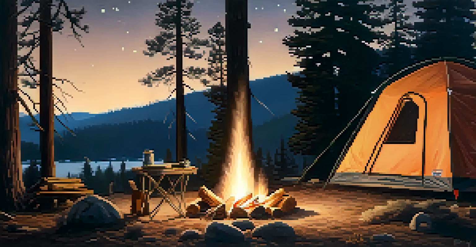 A camping scene under a starry sky in Big Bear, with a glowing tent, a campfire, and camping gear surrounded by trees.
