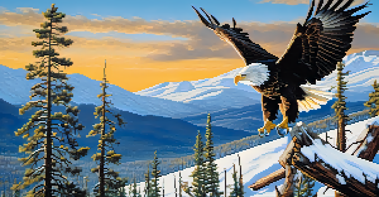 A majestic bald eagle perched on a branch with snow-capped mountains in the background and a clear blue sky above.