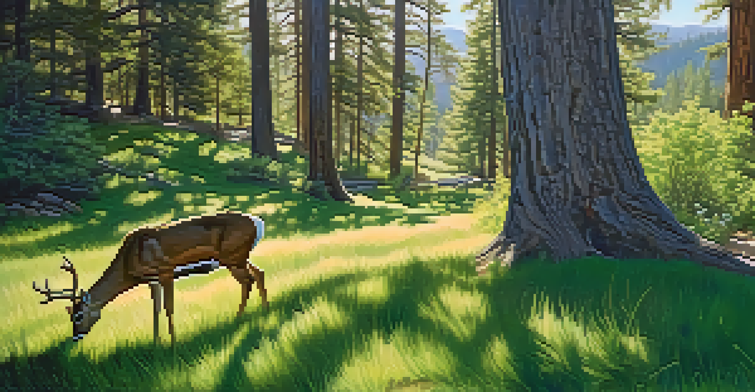 A deer grazing in a green meadow with hikers in the background, surrounded by trees and sunlight filtering through.