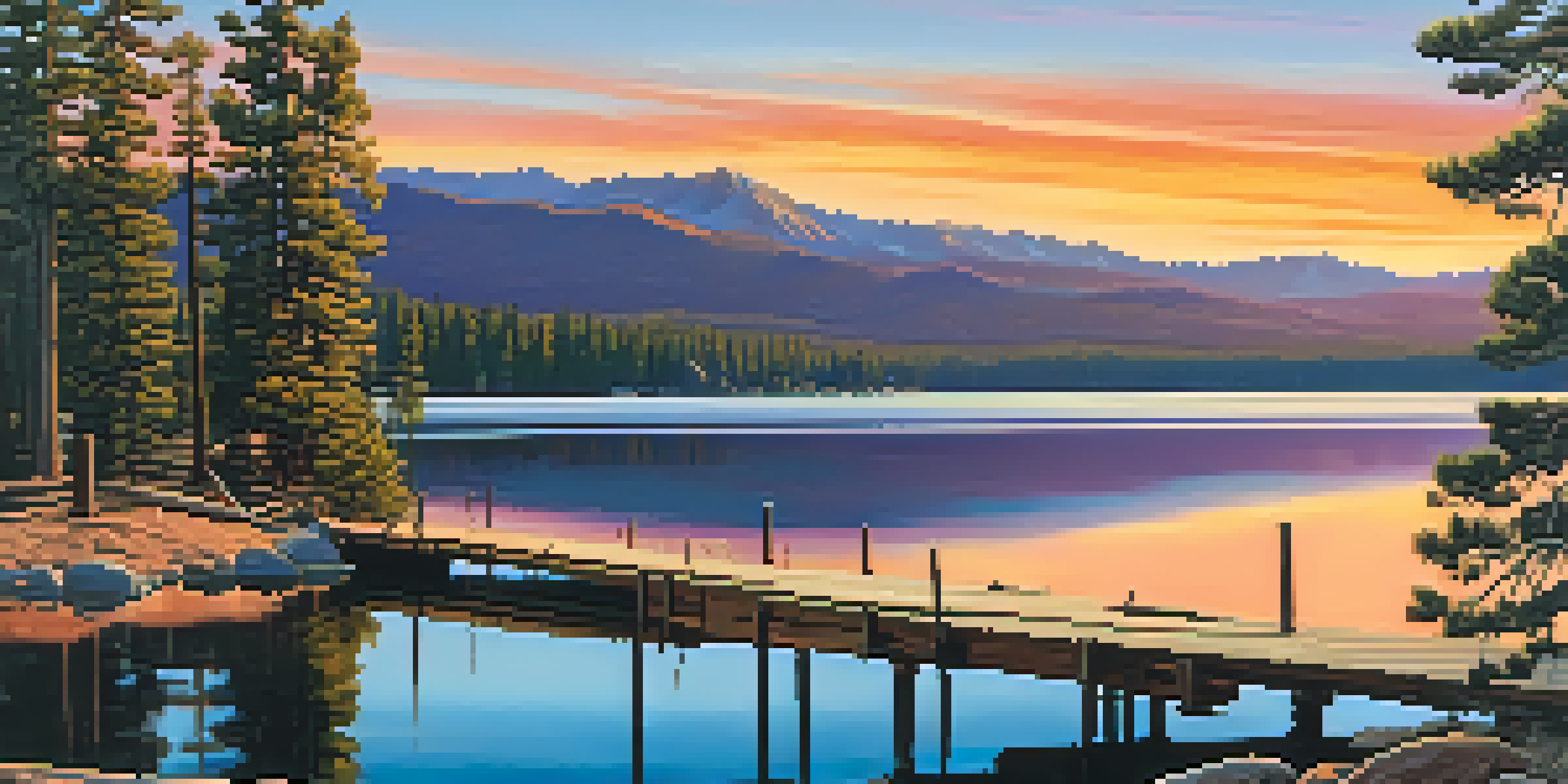 A scenic view of Big Bear Lake during sunset, with a wooden dock and colorful reflections in the water.