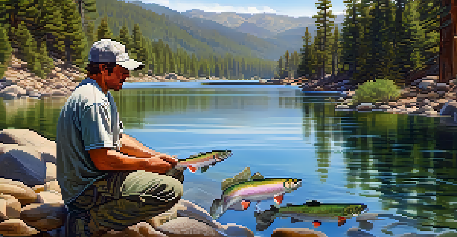 A fisherman practicing catch and release with a rainbow trout at Big Bear Lake.