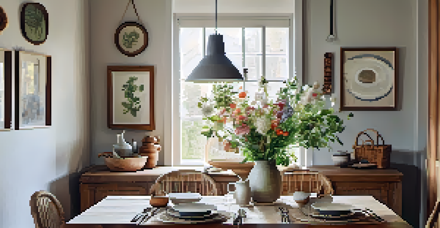 A rustic dining room with a wooden table set for a meal, featuring handmade dishes and fresh flowers, illuminated by natural light.