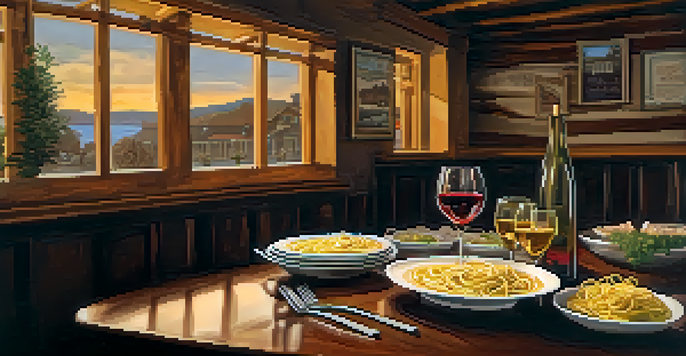 A cozy restaurant interior with a table set for two, featuring pasta and a glass of wine, warm lighting and rustic decor.