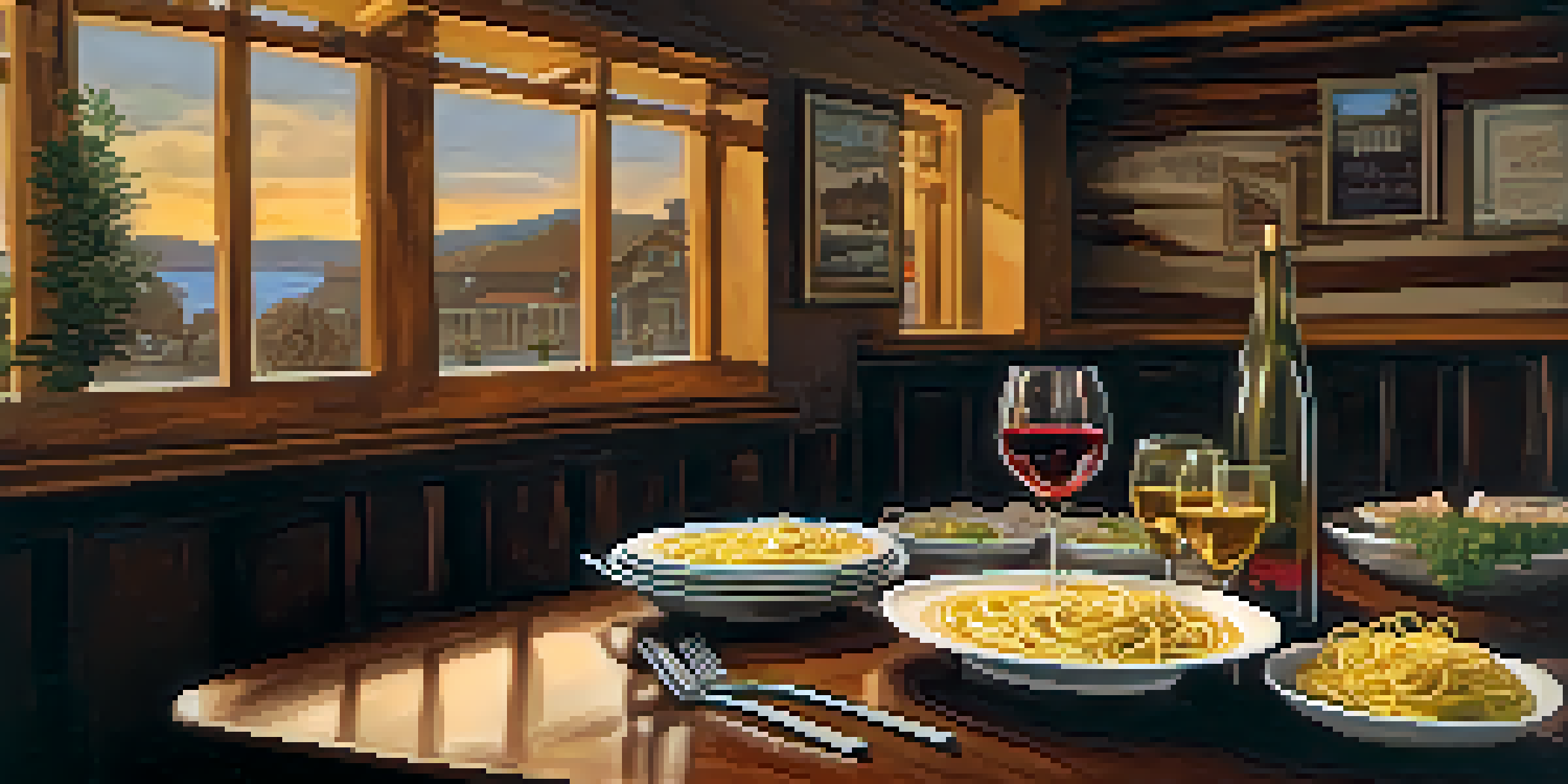 A cozy restaurant interior with a table set for two, featuring pasta and a glass of wine, warm lighting and rustic decor.