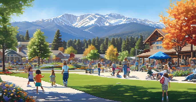 A community park in Big Bear filled with families volunteering, planting flowers and cleaning up litter under a sunny sky.