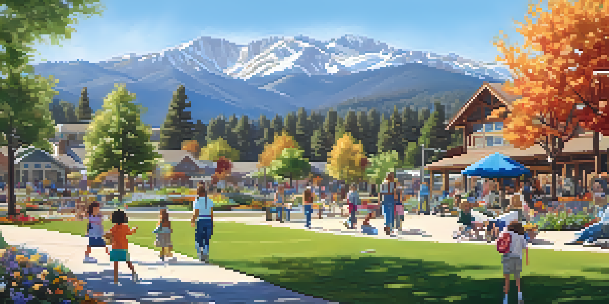 A community park in Big Bear filled with families volunteering, planting flowers and cleaning up litter under a sunny sky.