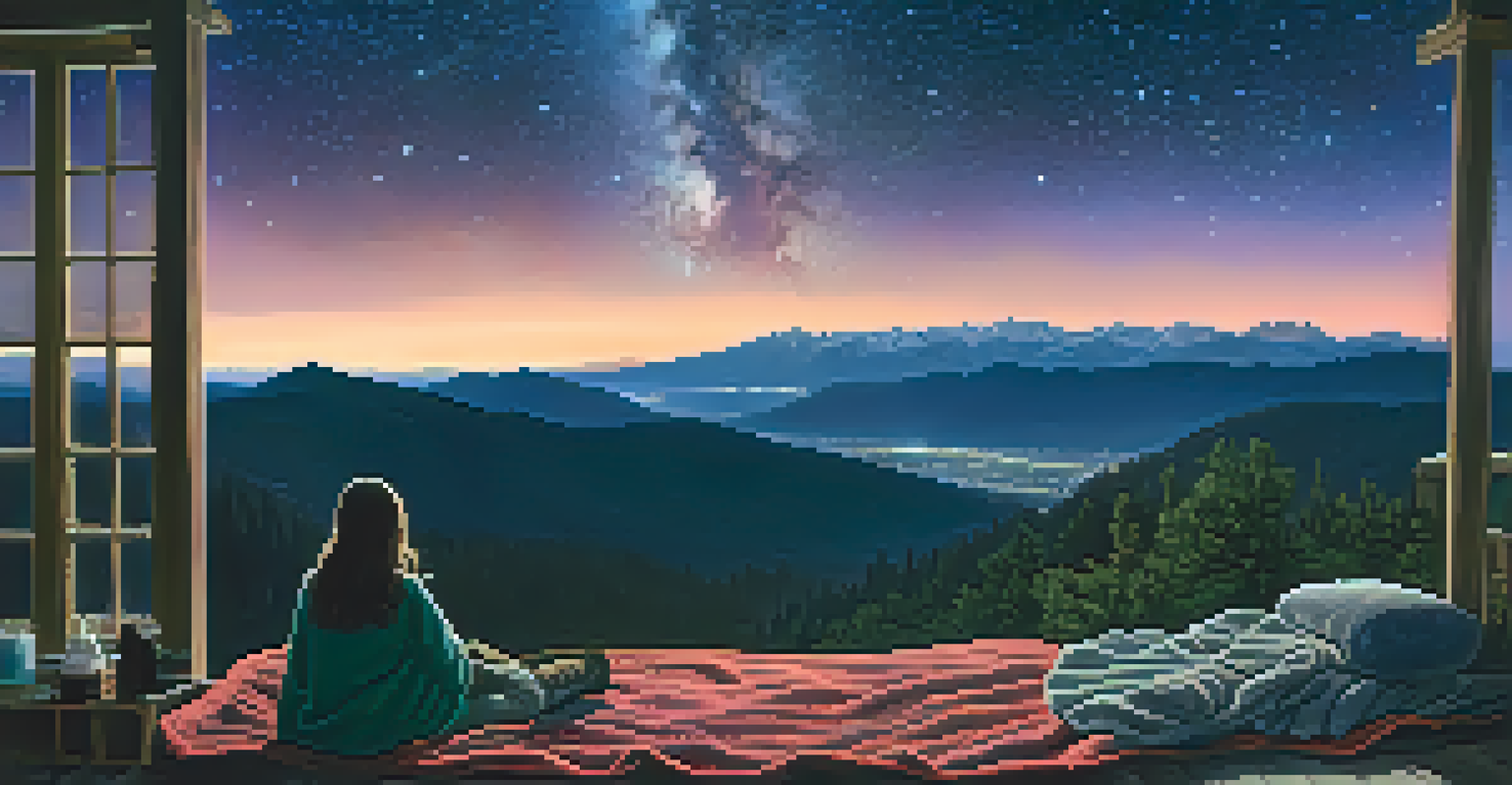 A person lying on a blanket at Crestline Lookout, gazing up at a star-filled sky with shooting stars, surrounded by mountains and a telescope.