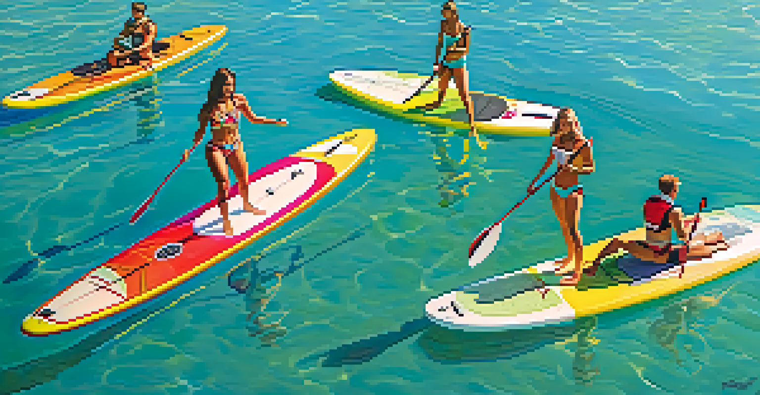 Aerial view of multiple paddleboarders on a clear blue lake, showcasing colorful clothing and a joyful atmosphere as they paddle.