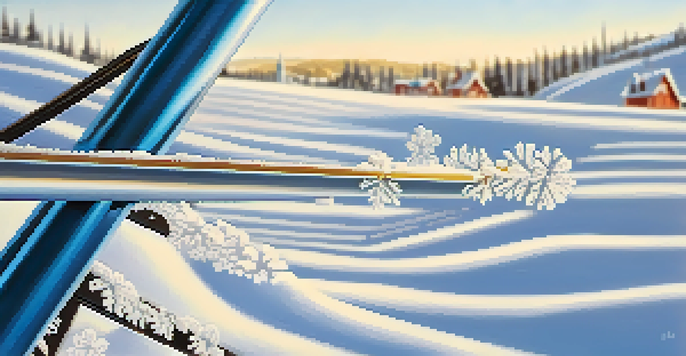 Close-up of snowflakes on a ski pole with blurred snow-covered slopes and a ski lift in the background.