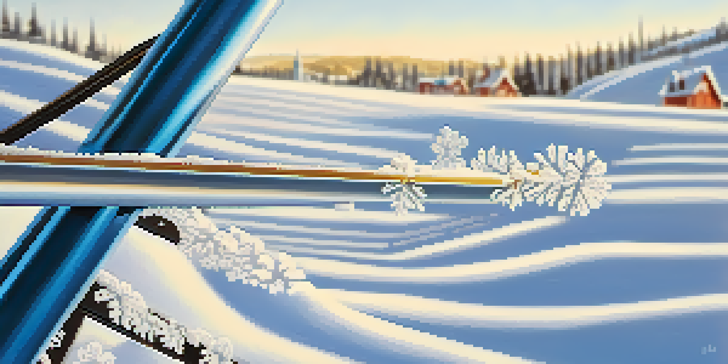 Close-up of snowflakes on a ski pole with blurred snow-covered slopes and a ski lift in the background.