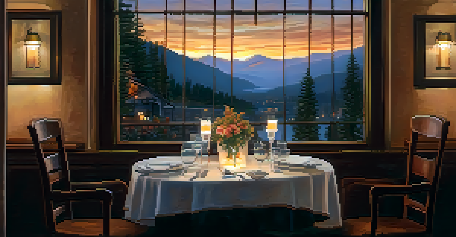 A romantic candlelit dinner setup for two at a restaurant in Big Bear with a mountain view.