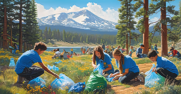 Students participating in a community clean-up event, collecting litter in a sunny park with trees and mountains in the background.