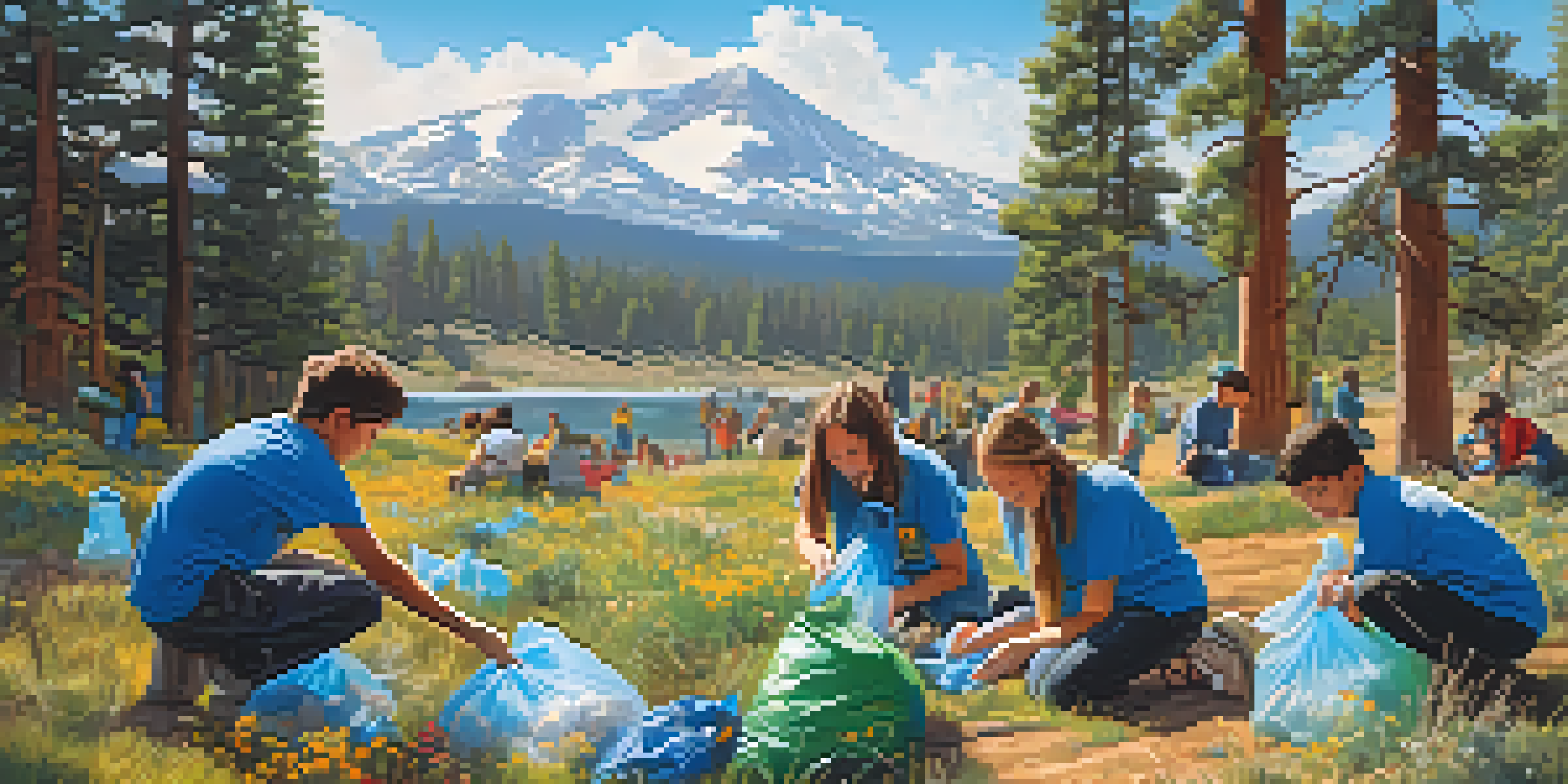Students participating in a community clean-up event, collecting litter in a sunny park with trees and mountains in the background.