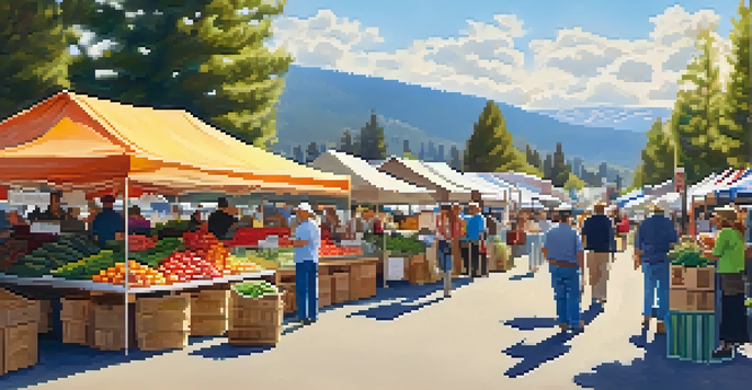A lively farmers market in Big Bear with colorful stalls of fresh produce, local people interacting, and sunny mountain views in the background.