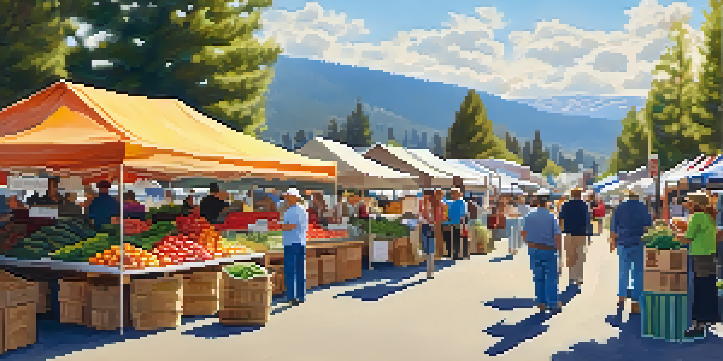 A lively farmers market in Big Bear with colorful stalls of fresh produce, local people interacting, and sunny mountain views in the background.