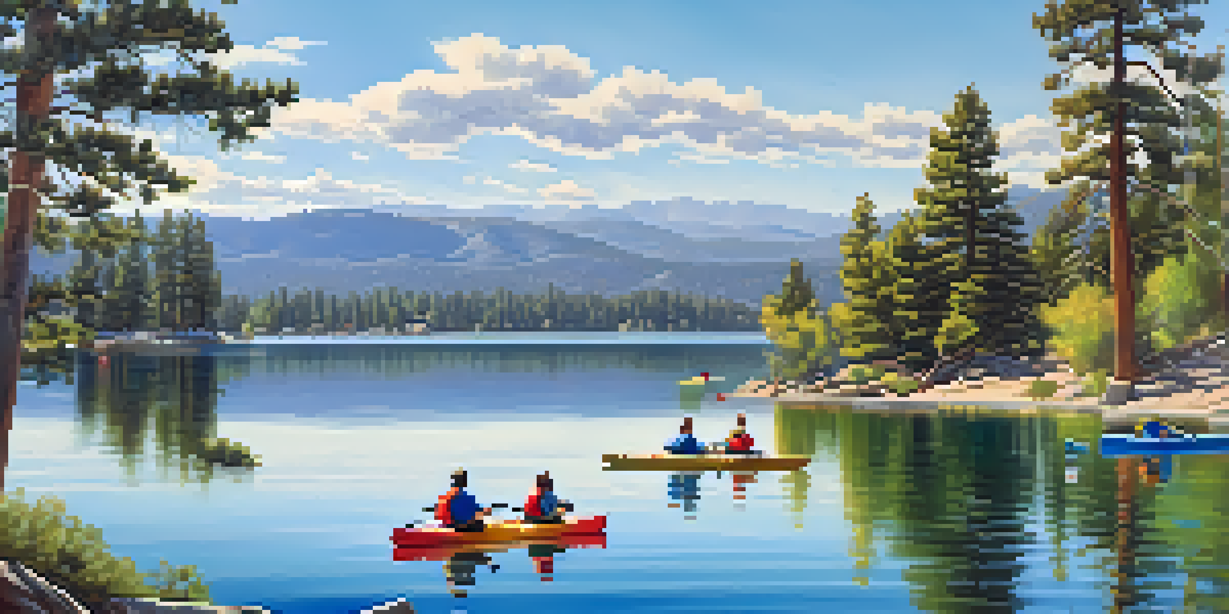 A peaceful scene of families kayaking on Big Bear Lake, surrounded by mountains and trees under a clear blue sky.