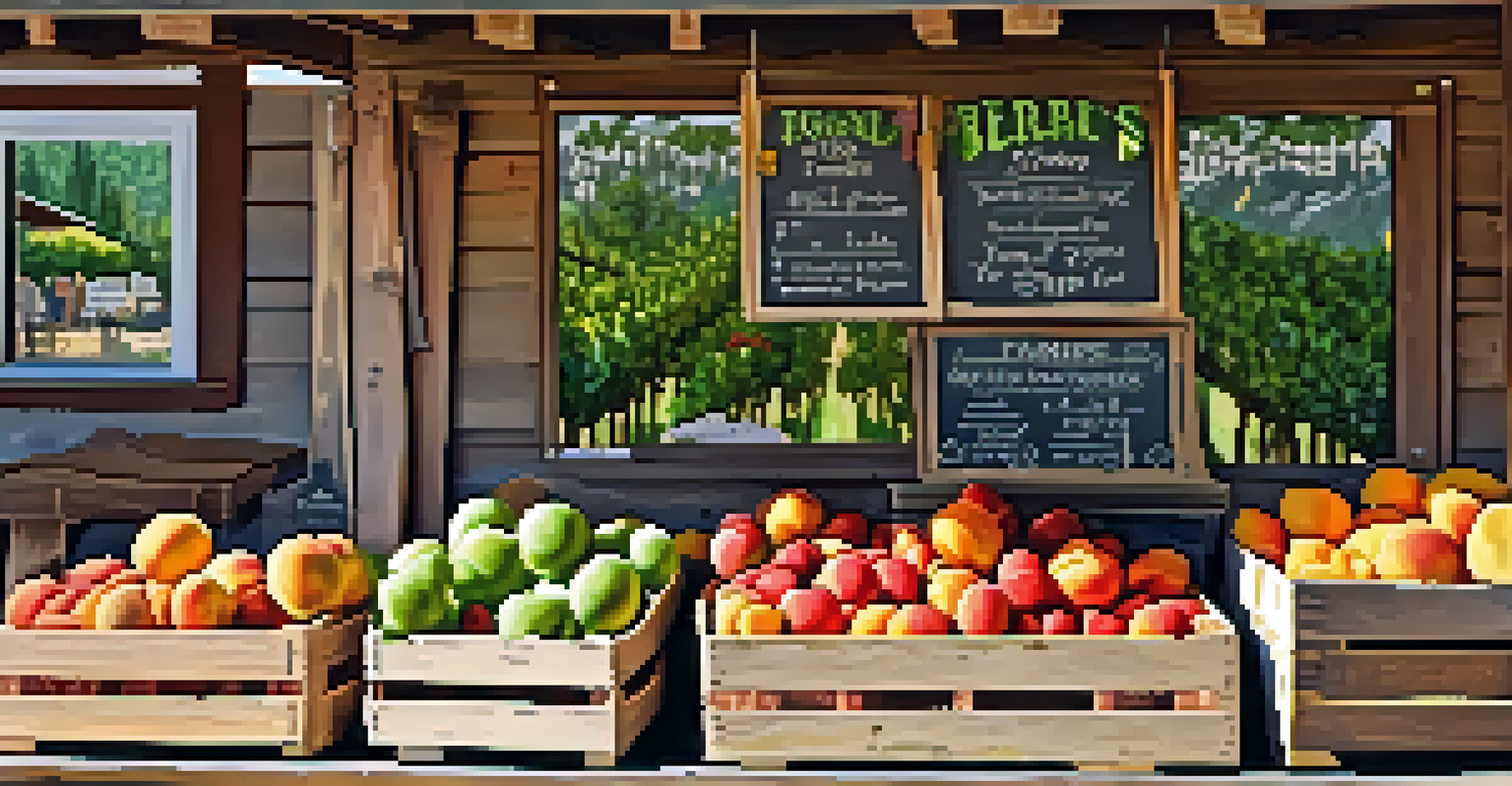 A close-up view of a vendor's stall showcasing fresh fruits and vegetables with rustic decor and a chalkboard sign about organic farming.