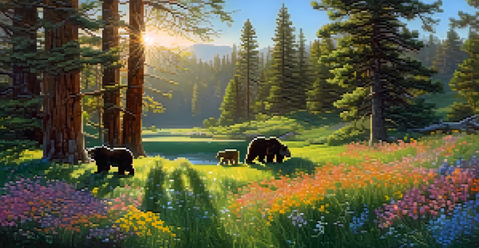 A spring meadow in Big Bear with a mother bear and her cubs playing among wildflowers, with birds nesting in trees under a blue sky.