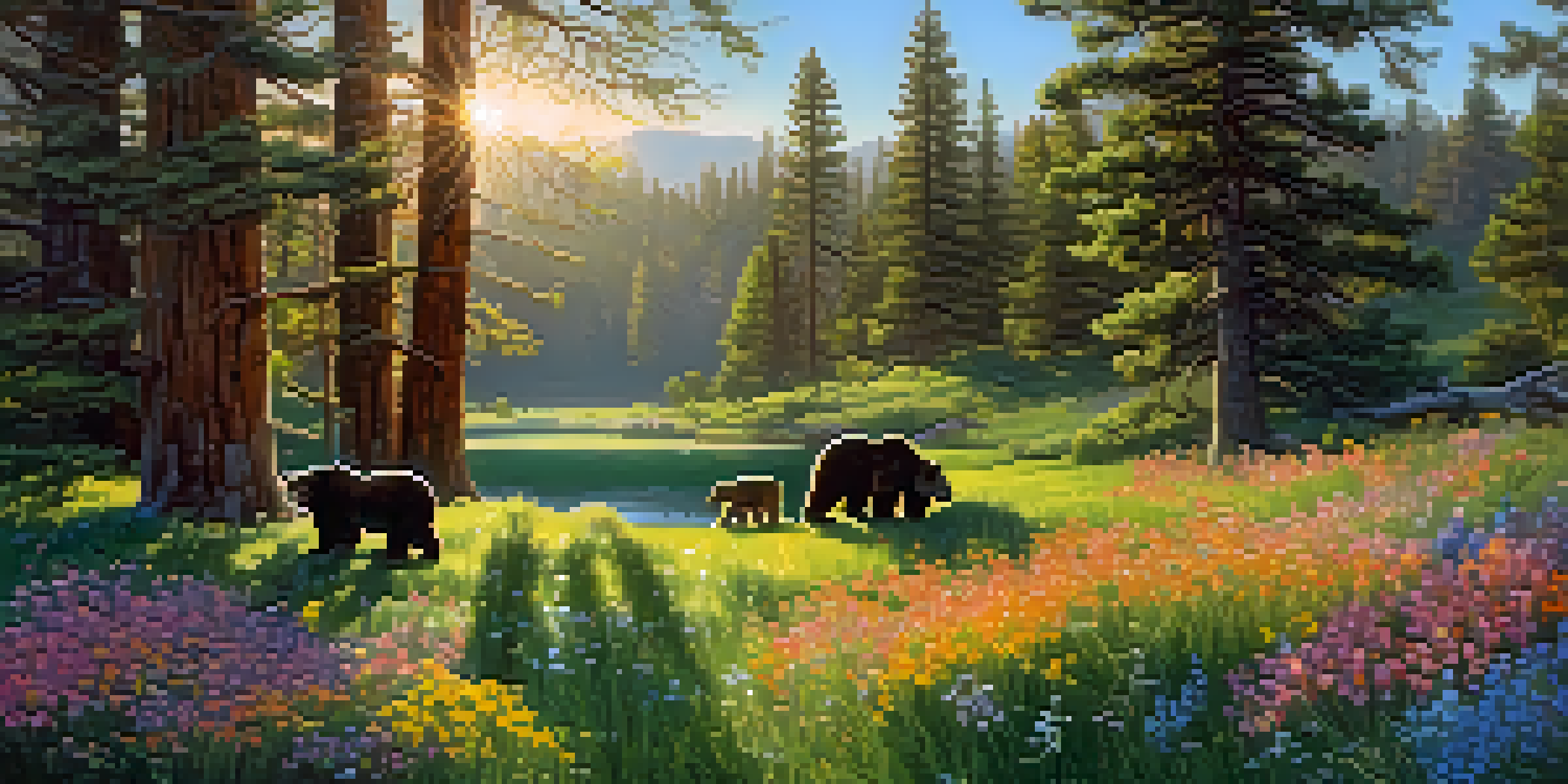 A spring meadow in Big Bear with a mother bear and her cubs playing among wildflowers, with birds nesting in trees under a blue sky.