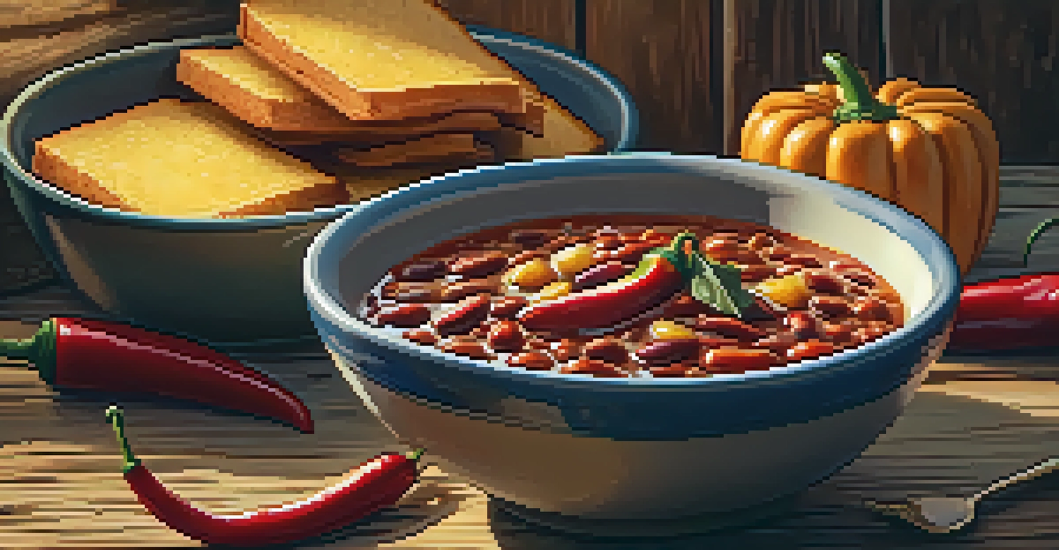 A close-up of a bowl of chili with cornbread on a wooden table, complemented by autumn decorations and warm sunlight.