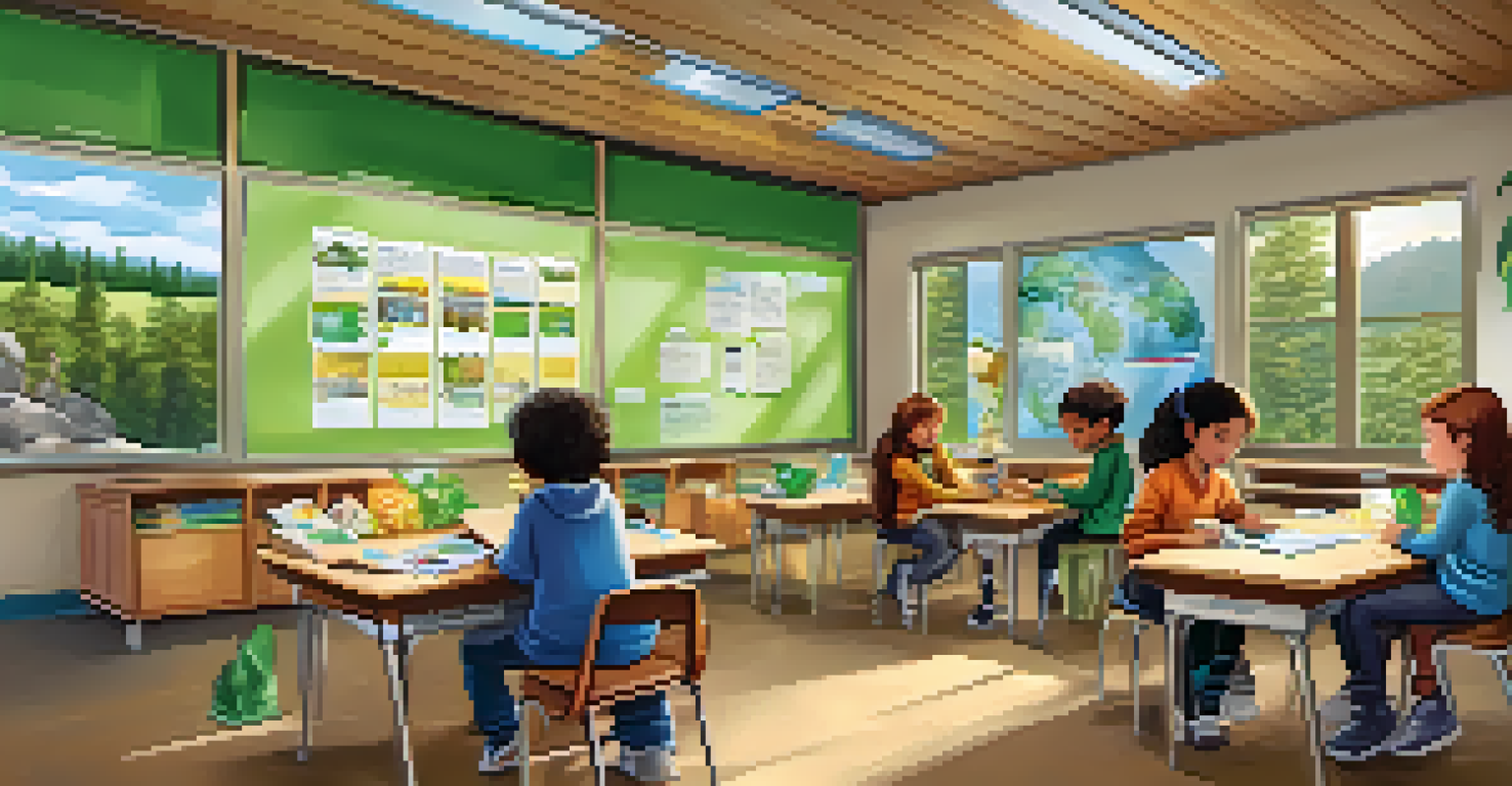 Students in a classroom engaged in a sustainability project, surrounded by educational materials and a view of the forest outside.