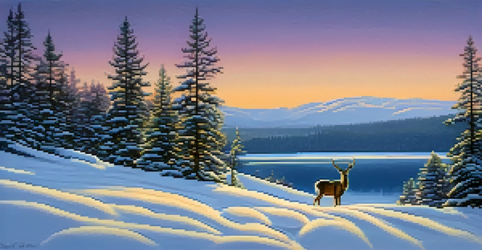 A deer grazing in the snow at Big Bear Lake with evergreen trees and a twilight sky in the background.