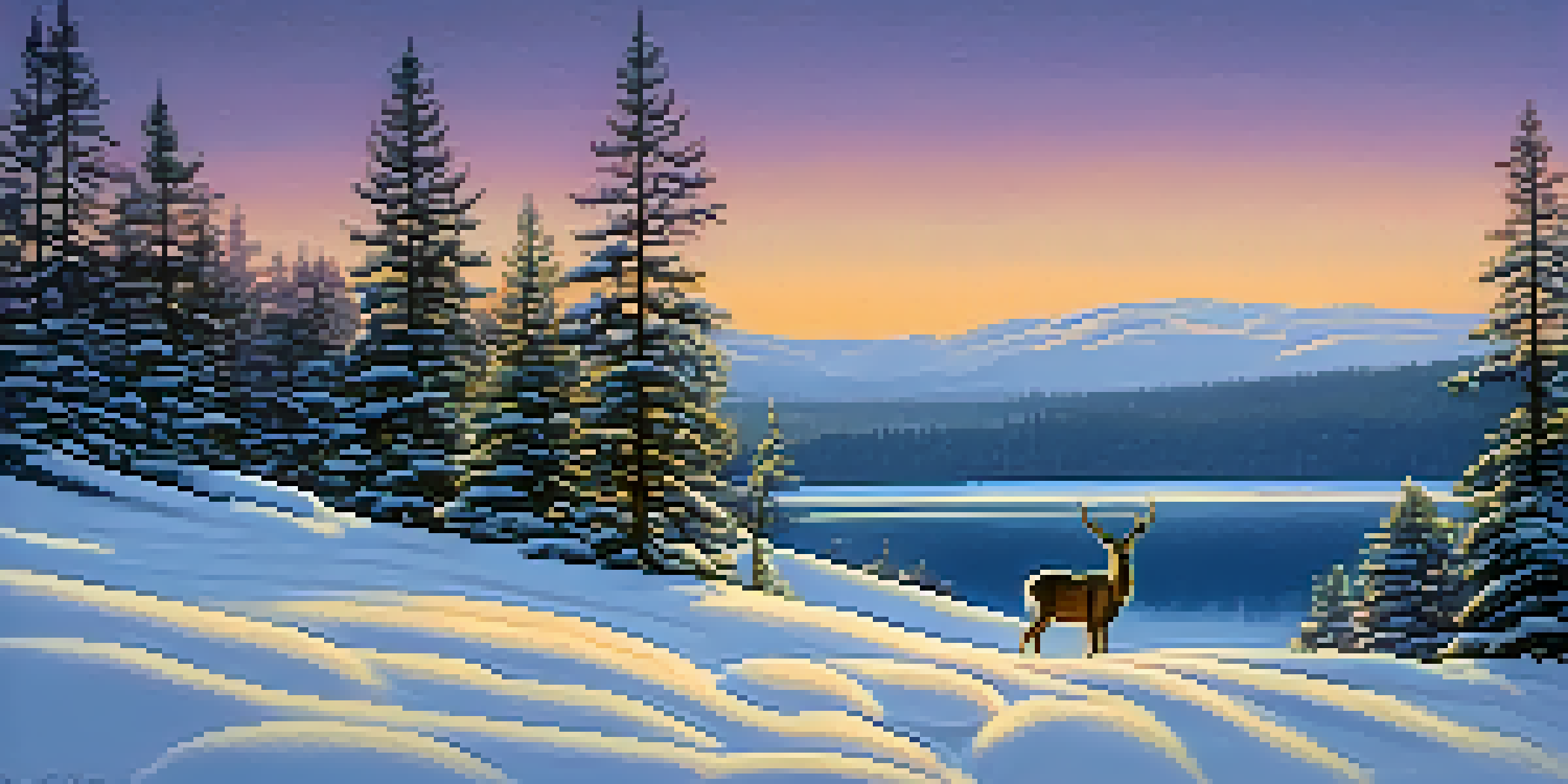 A deer grazing in the snow at Big Bear Lake with evergreen trees and a twilight sky in the background.