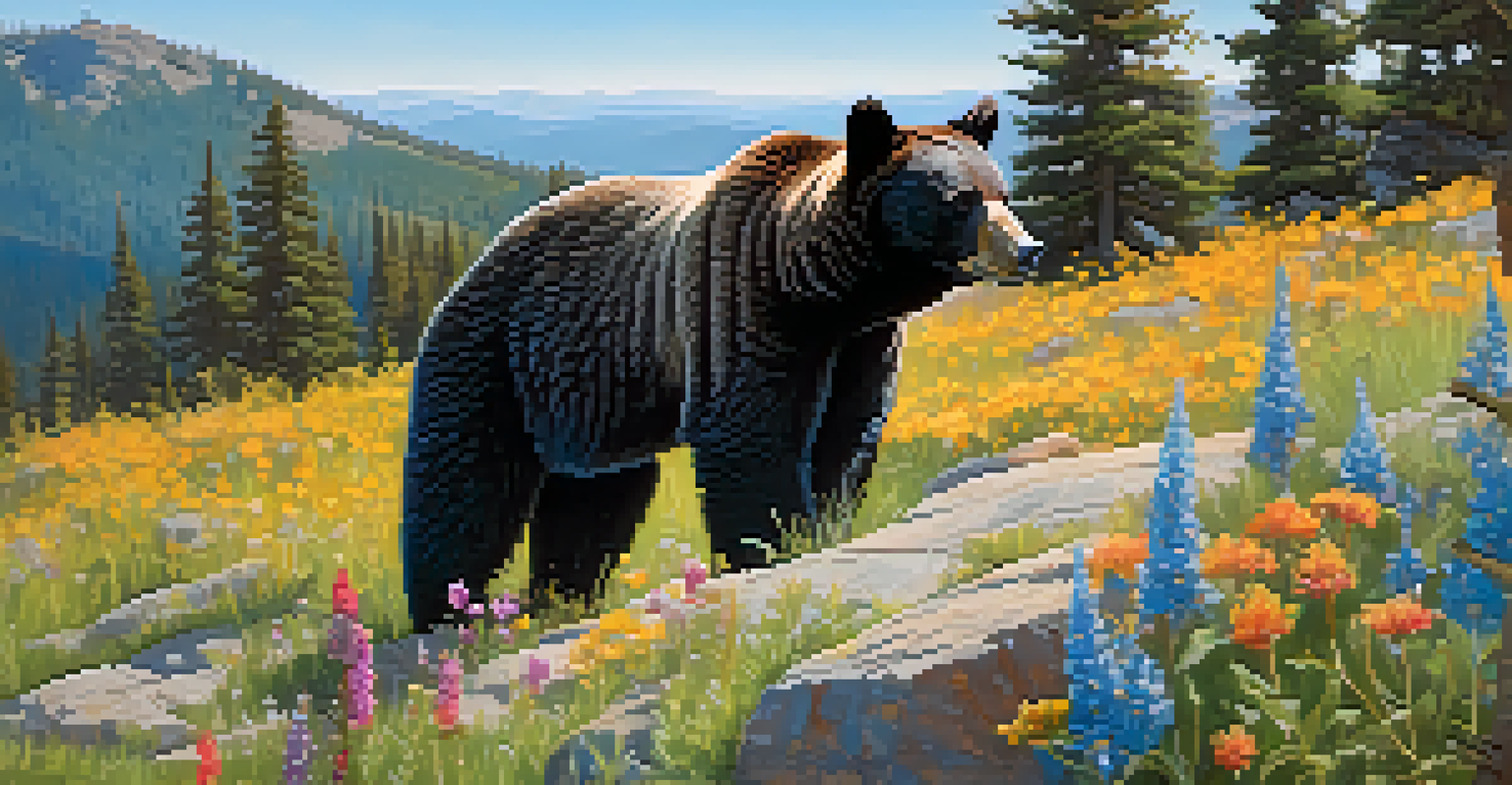 A black bear on a rocky hillside surrounded by colorful wildflowers and pine trees under a bright blue sky, looking curious.