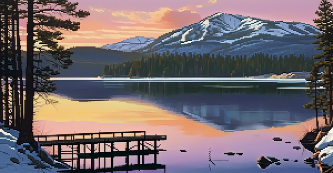 A scenic sunset view over Big Bear Lake, with a pier, pine trees, and mountains in the background.