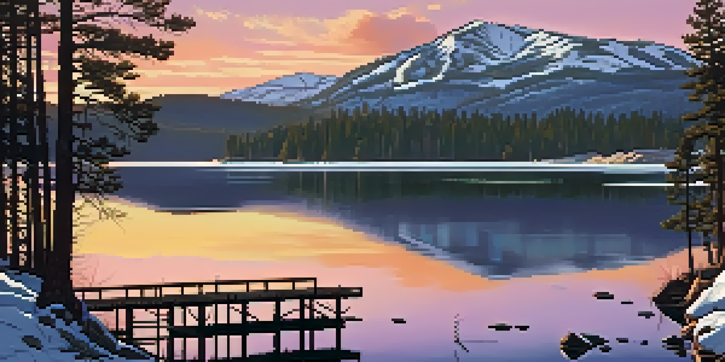 A scenic sunset view over Big Bear Lake, with a pier, pine trees, and mountains in the background.