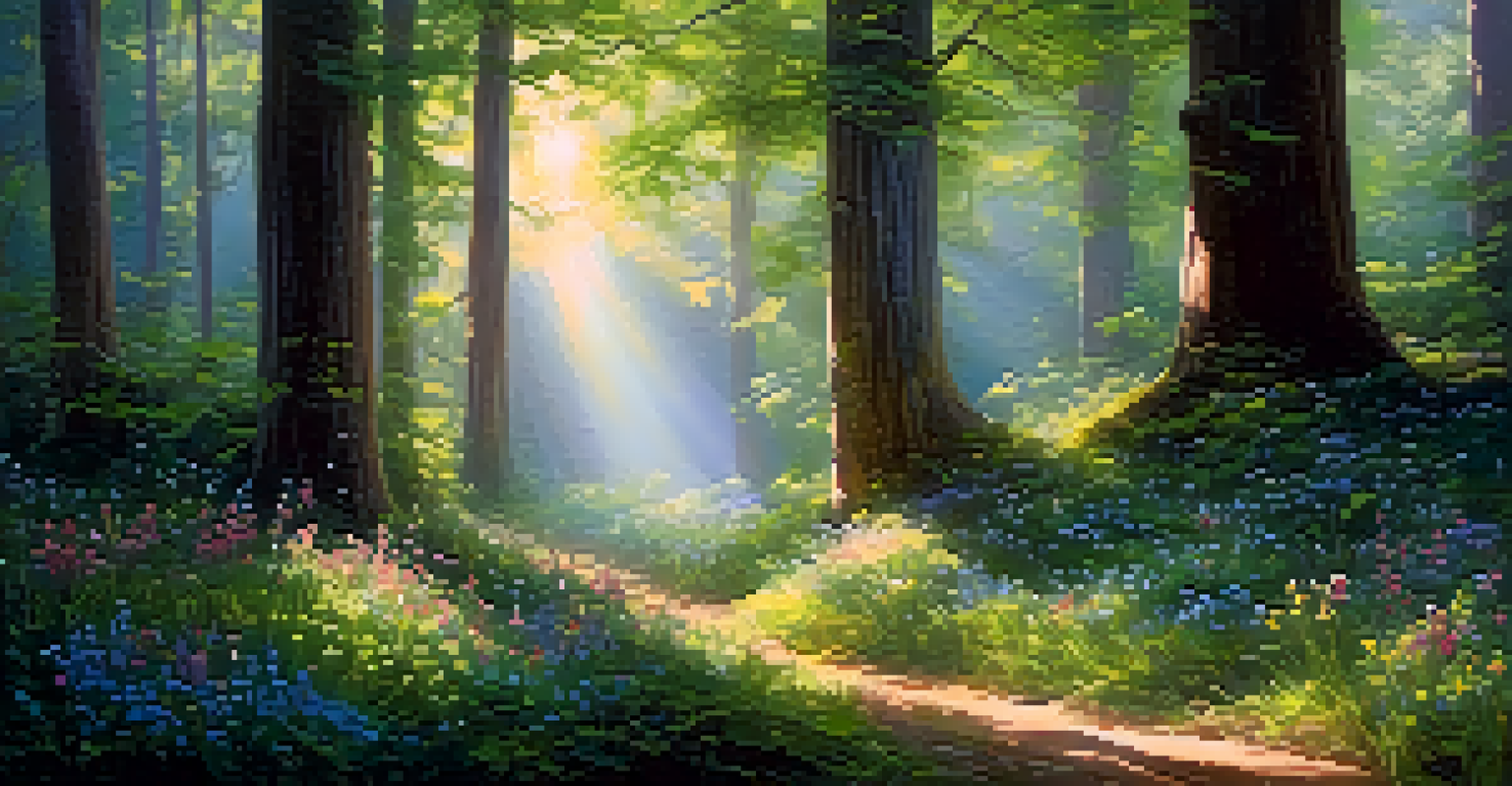 A magical forest with tall trees and colorful wildflowers, illuminated by soft sunlight filtering through the foliage.