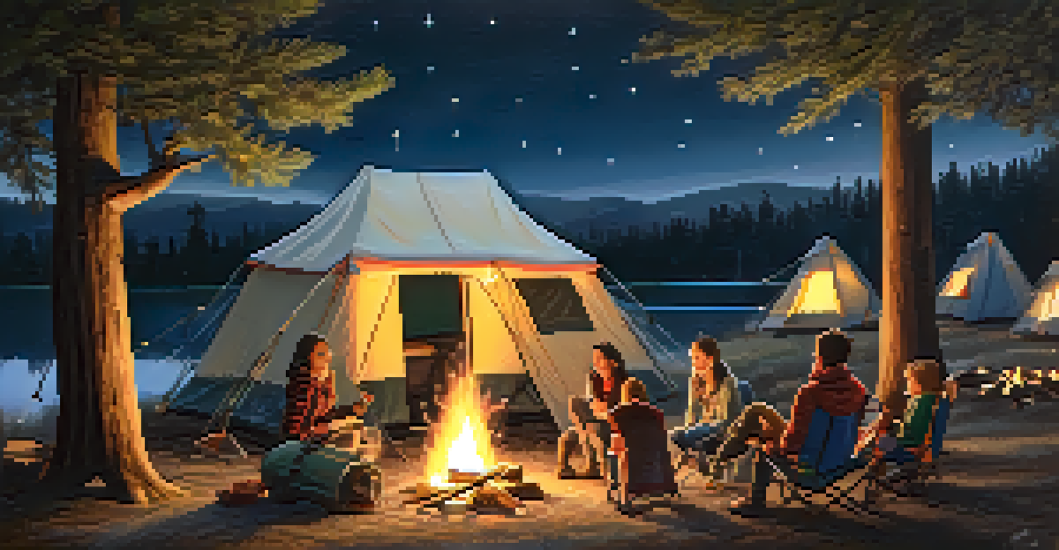 A family camping under a starry sky, gathered around a campfire, enjoying marshmallows and storytelling.