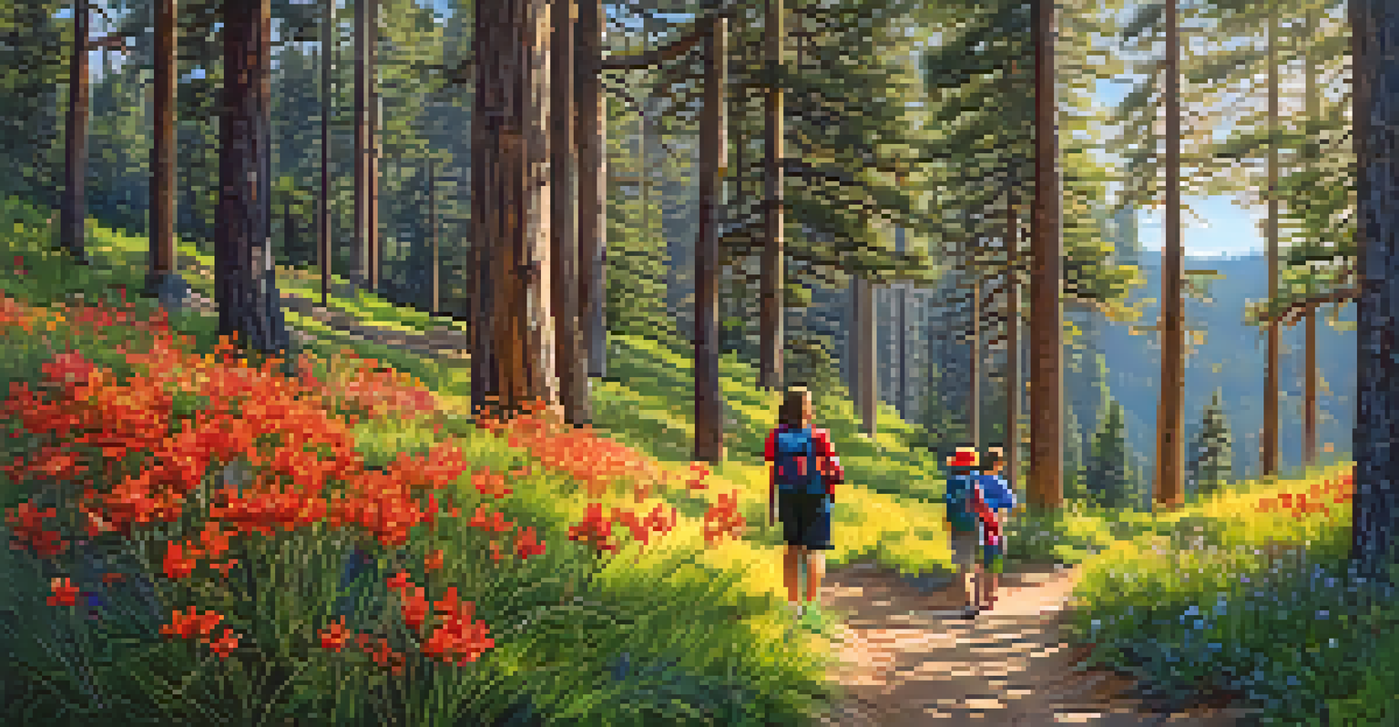 A family hiking on Pine Knot Trail surrounded by blooming flowers and tall pine trees.