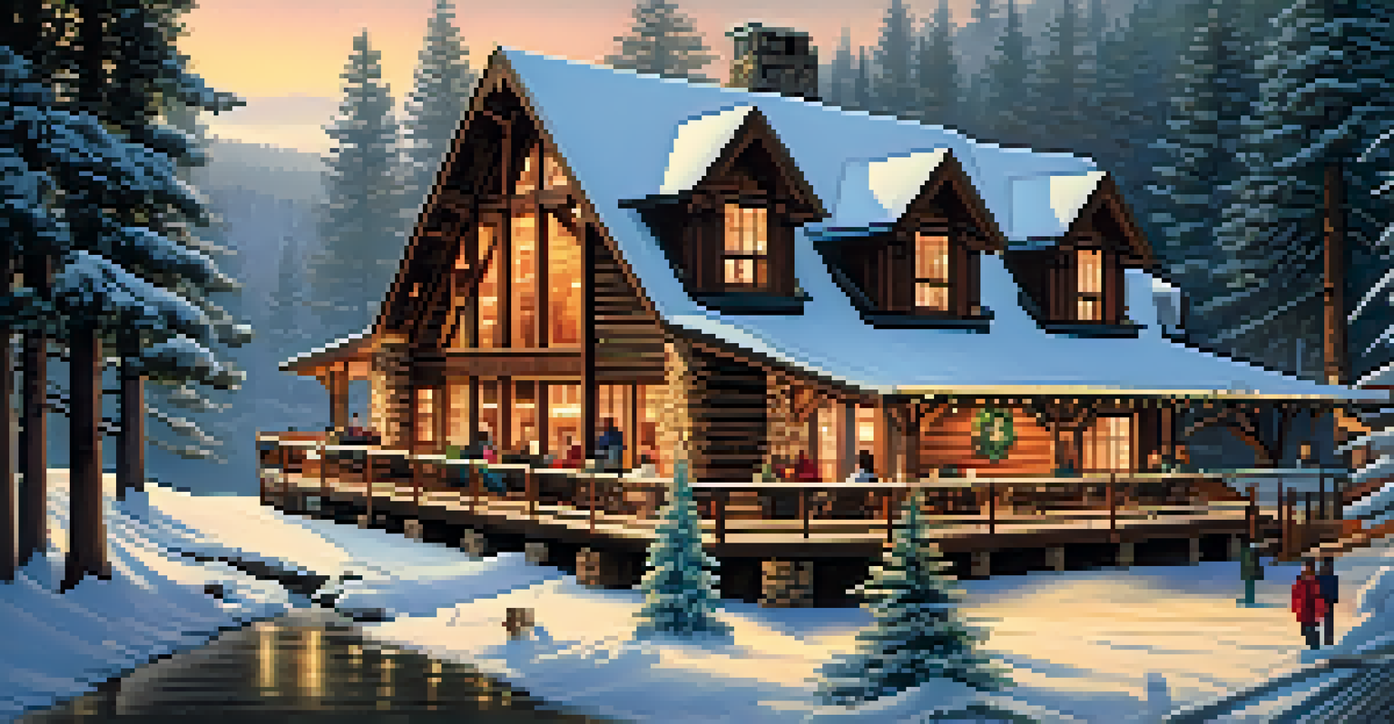 A cozy winter lodge in Big Bear surrounded by snow and pine trees, with warm light and friends enjoying a meal inside.