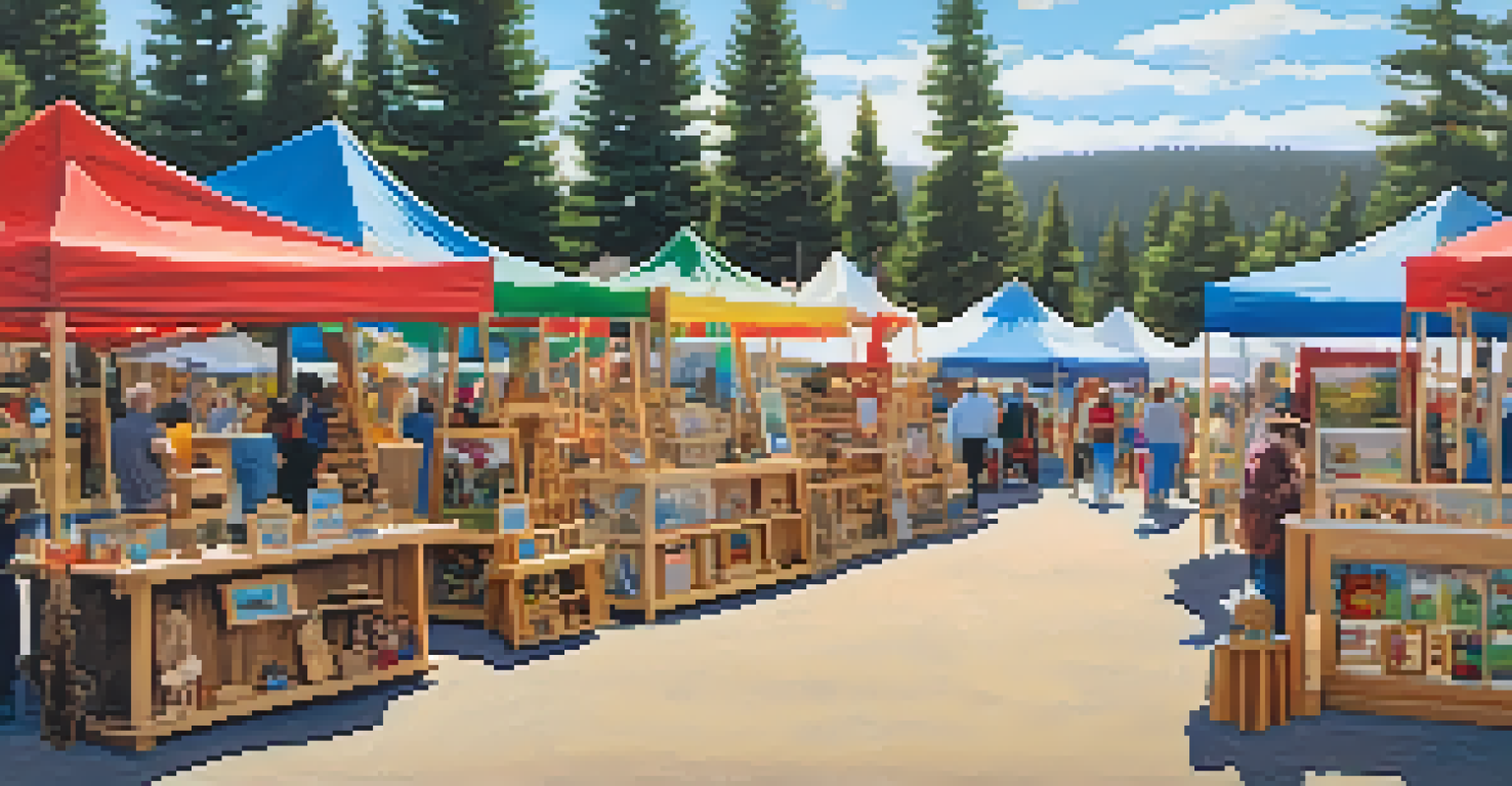 An outdoor craft fair in Big Bear showcasing handcrafted wooden toys and furniture, surrounded by nature and families browsing.