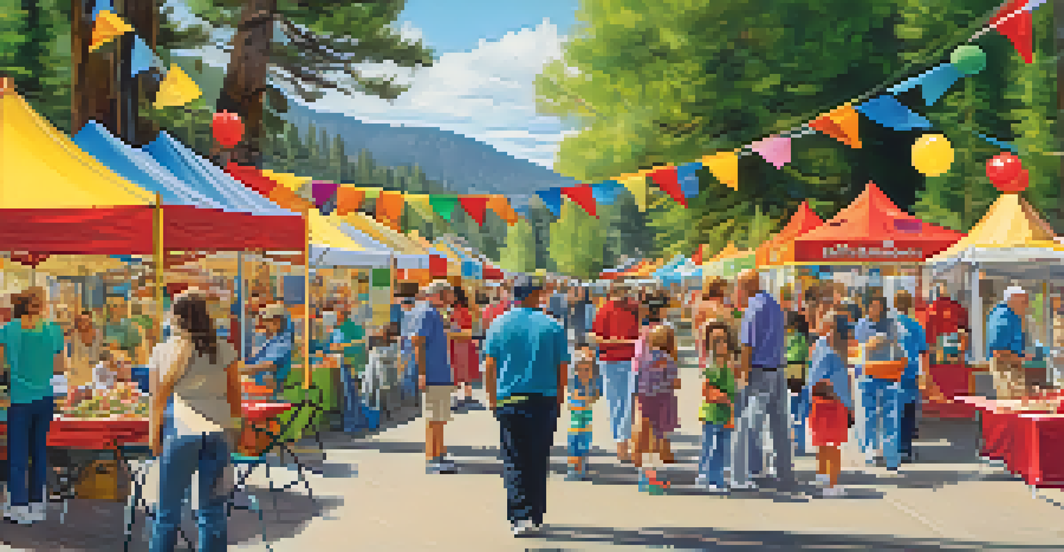 A bustling health fair with booths, families engaging with vendors, and colorful decorations, promoting community wellness.