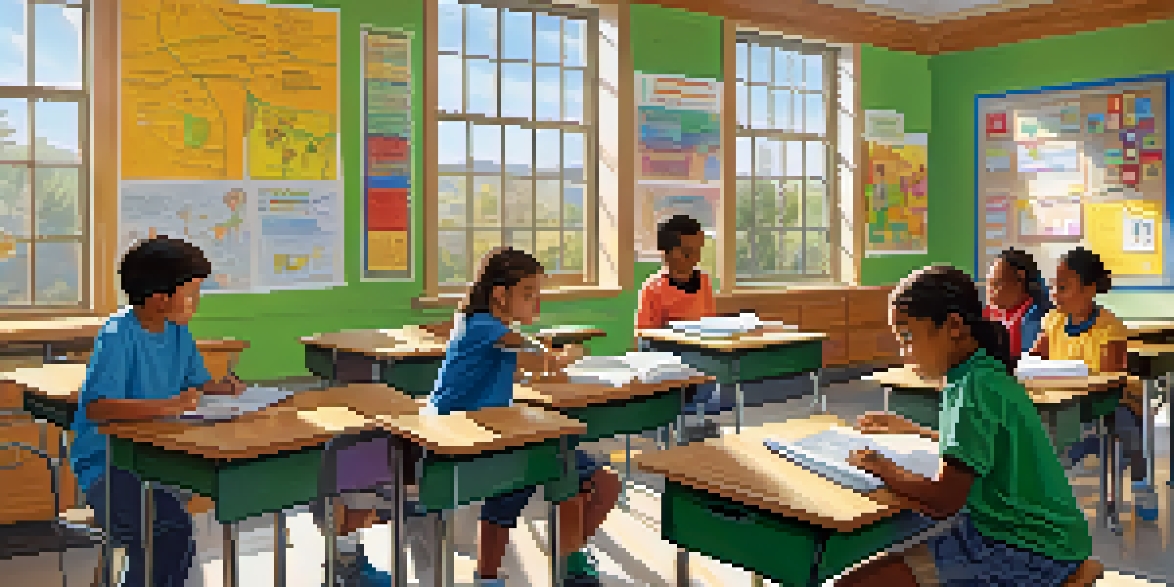 A lively classroom with diverse students collaborating on a science project under bright natural light.